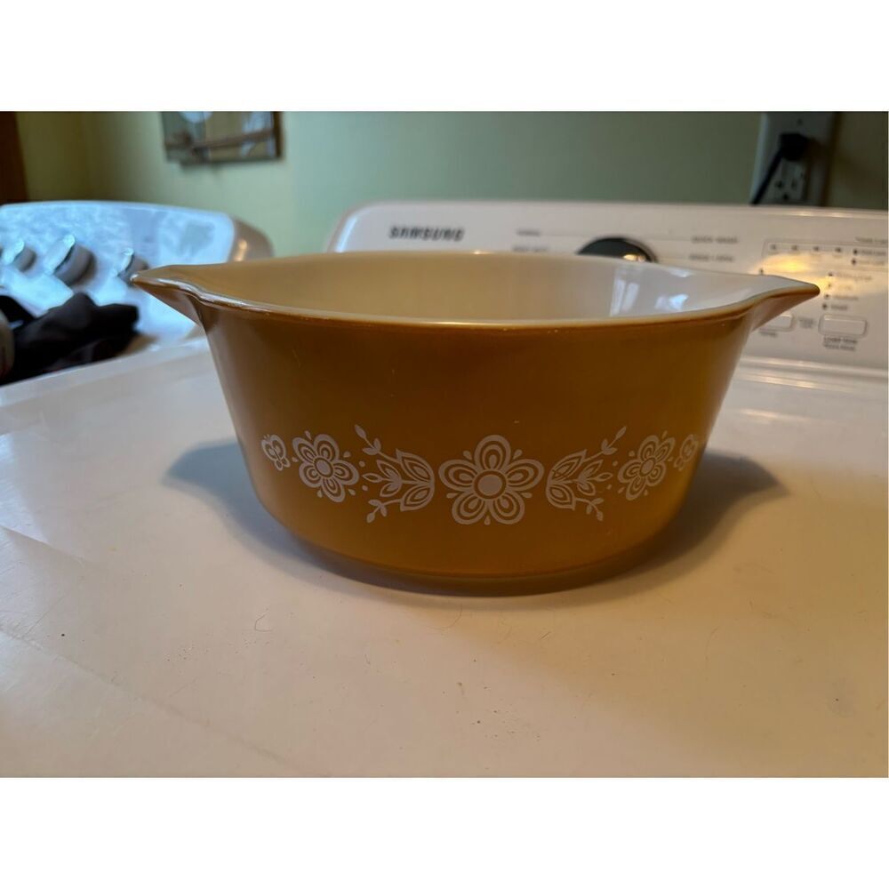 Vintage Pyrex “Butterfly Gold” casserole dish